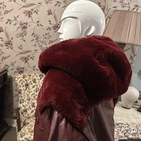 Coolest Trendy Hoodie Faux leather Fur Wine color Designer Jacket Snaps - Picture 5 of 16